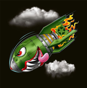 Black background with a military green old school bomb tattoo design. The bomb is falling with an look of determination in it’s eyes and evil toothy grin and it’s tounge hanging out of its mouth. There are flames comeing from the back of the bomb and some clouds in the back ground.