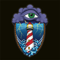 A black background with an old school eye of the storm tattoo design of large dark purple storm clouds at the top of the design with a green eye in the middle of the clouds.  Below the clouds is an oval shape with brown rope. Inside the rope are stormy seas and a lighthouse with lightning striking in the background.  At the bottom of the design, some of the waves are spilling out of the rope barrier. The sky and seas are hues of blue; the lighthouse is white and red striped like a barber pole.