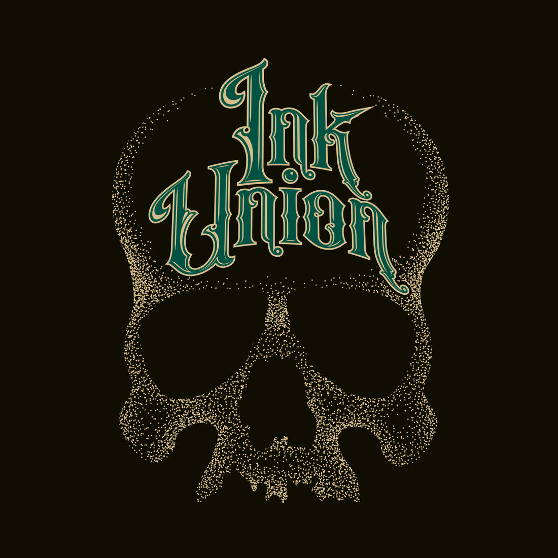 A square black background adorned with a gold dot work human skull and the words Ink Union in fancy gold and green lettering across the forehead of the skull.