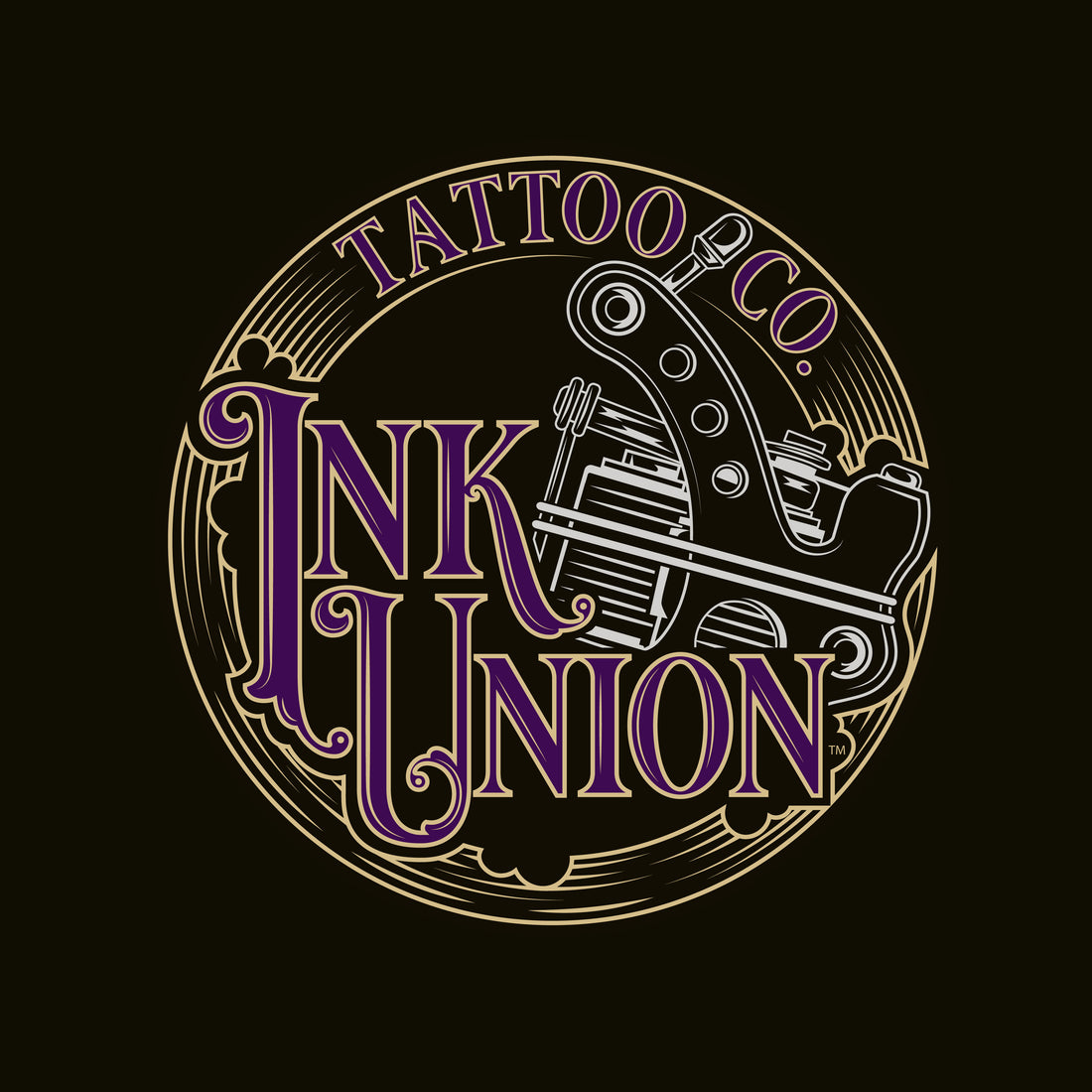 A black square adorned with the Ink Union Tattoo Co.  purple and gold with a silver tattoo machine logo.
