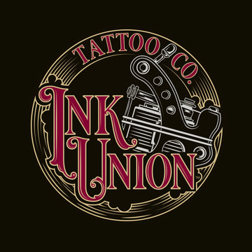 A black square adorned with the Ink Union Tattoo Co. red and gold with a Silver tattoo machine logo