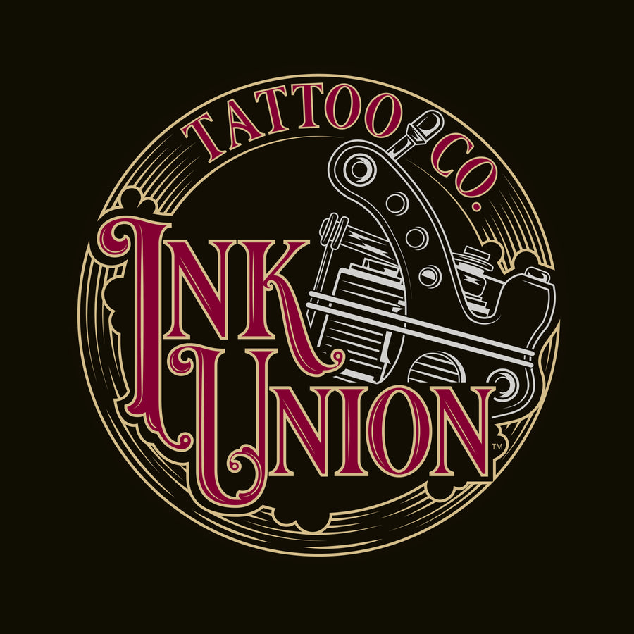 A black square adorned with the Ink Union Tattoo Co. red and gold with a Silver tattoo machine logo