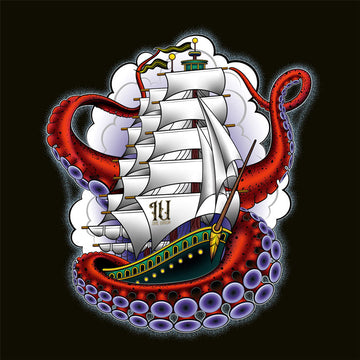 Black background with purple-tinged clouds. In the forefront, an old-school clipper ship tattoo design in green and brown with white sails surrounded by octopus tentacles in shades of red with purple tentacles.