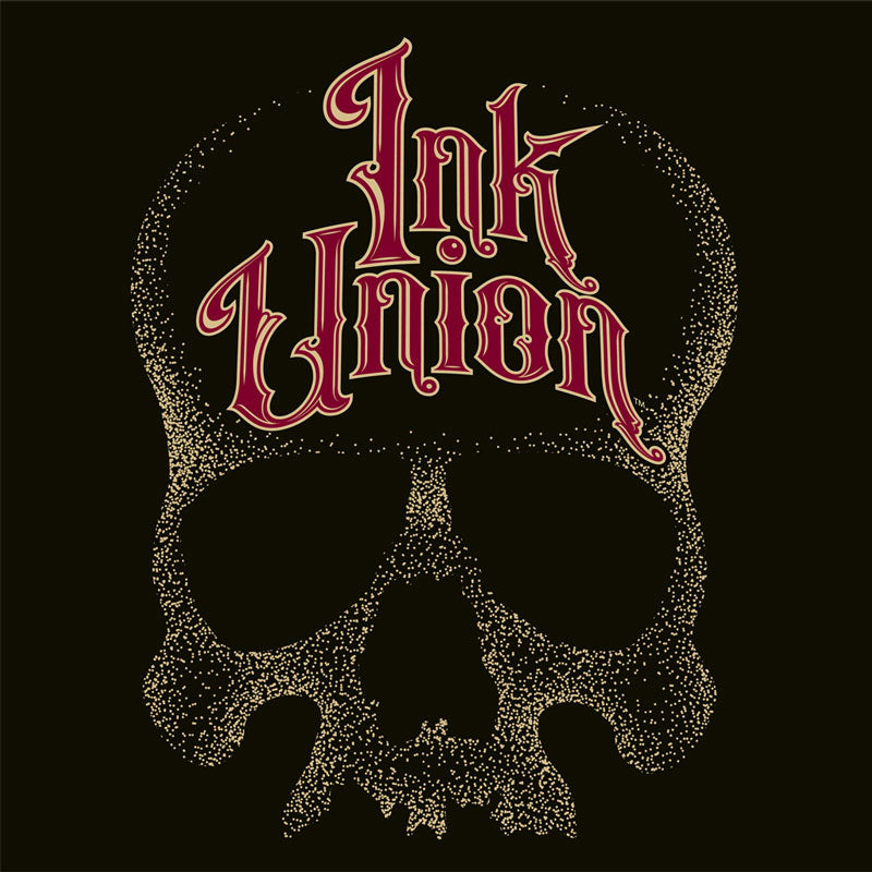 A square black background adorned with a gold dot work human skull and the words Ink Union in fancy gold and red lettering across the forehead of the skull.