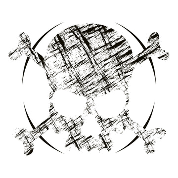 A white background adorned with a roughly cross-hatched skull and crossbones in black.  Solid black arcs give the image the impression of movement towards the end of the crossbones.