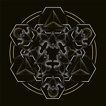A square black backgroud with a mandala built from white dot work skulls and gold and white geometric shapes.