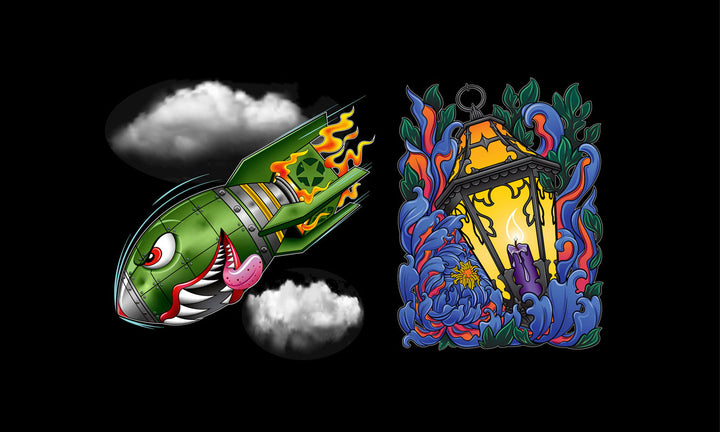 a black square with two designs, one is a bomb with teeth and a tongue hanging out the other is a blue tattoo machine with red coils surrounded by gold ginkgo leaves and  wispy purple smoke and a shop now button