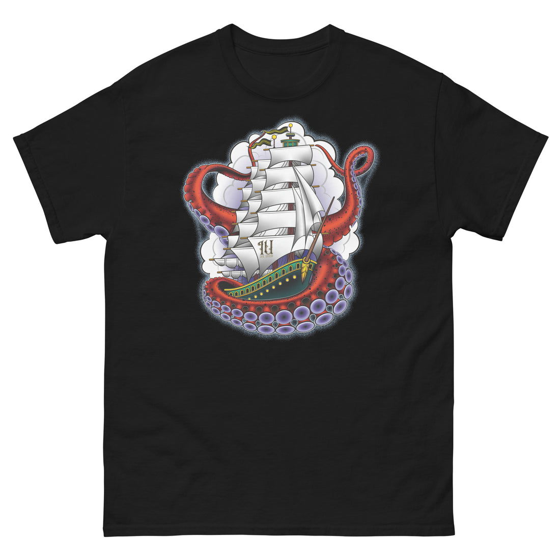 A black t-shirt with an old-school clipper ship tattoo design in green and brown with white sails surrounded by octopus tentacles in shades of red with purple tentacles. Behind the ship are purple-tinged clouds.