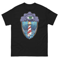 A black t-shirt with an old school eye of the storm tattoo design of large dark purple storm clouds at the top of the design with a green eye in the middle of the clouds.  Below the clouds is an oval shape with brown rope. Inside the rope are stormy seas and a lighthouse with lightning striking in the background.  At the bottom of the design, some of the waves are spilling out of the rope barrier. The sky and seas are hues of blue; the lighthouse is white and red striped like a barber pole.