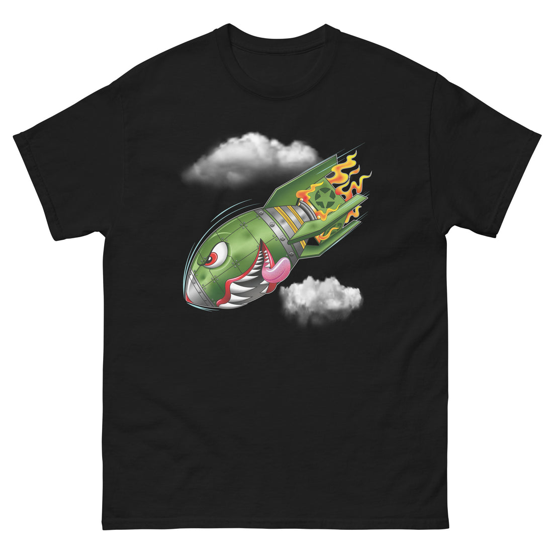 A black t-shirt with a military green neo-traditional bomb tattoo design. The bomb is falling with a look of determination in its eyes, an evil toothy grin, and its tongue hanging out of its mouth. Flames are coming from the back of the bomb, and some clouds are in the background.