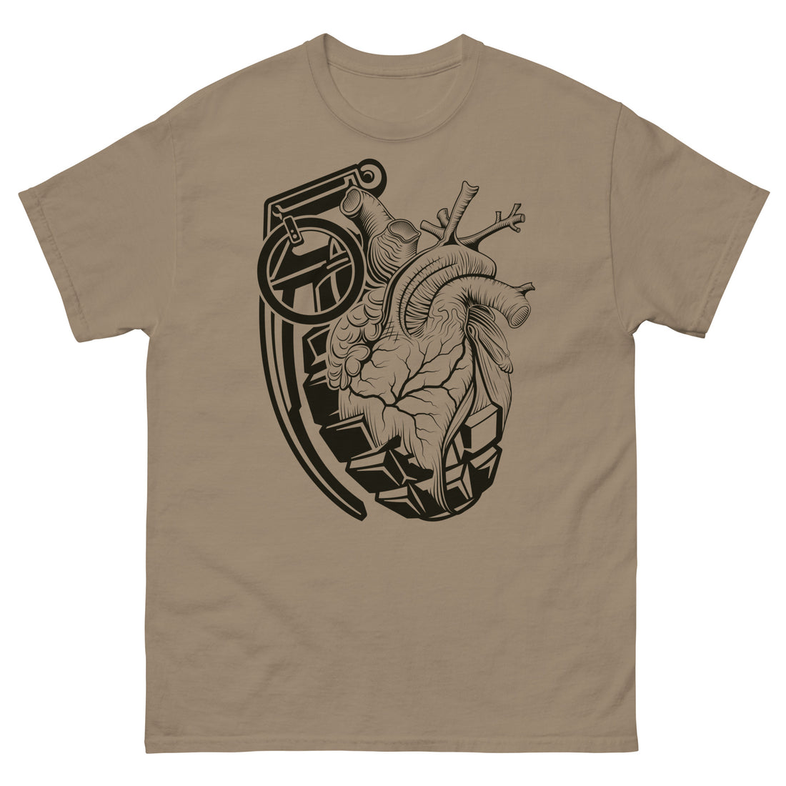 A brown t-shirt with a black grenade of sold color and line work morphing into an anatomical heart drawn using line work and hatching for shading at the top right of the image.