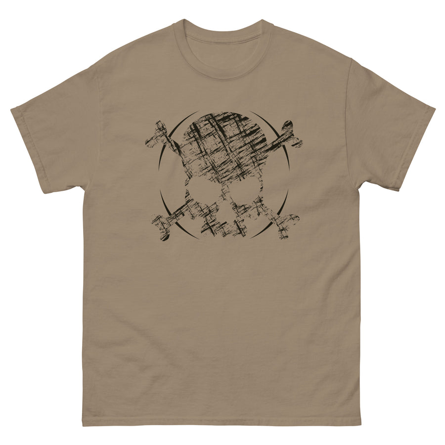 A brown t-shirt adorned with a roughly cross-hatched skull and crossbones in black.  Solid black arcs give the image the impression of movement towards the end of the crossbones.