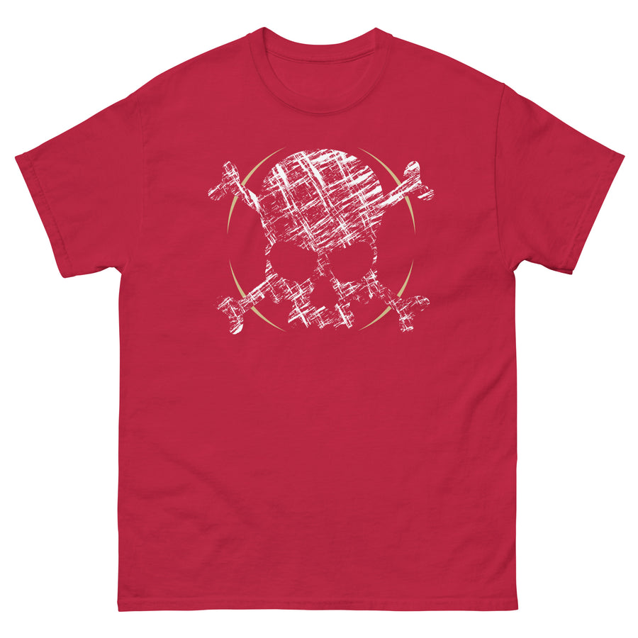 A red t-shirt adorned with a roughly cross-hatched skull and crossbones in white.  Solid gold arcs give the image the impression of movement towards the end of the crossbones.