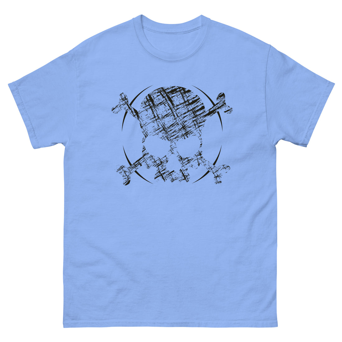 A carolina blue t-shirt adorned with a roughly cross-hatched skull and crossbones in black.  Solid black arcs give the image the impression of movement towards the end of the crossbones.