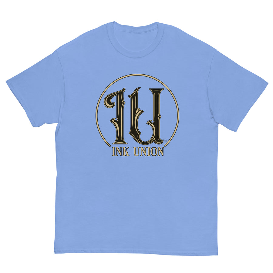 Ink Union Clothing Co. periwinkle t-shirt featuring the Ink Union ring logo in black and gold.