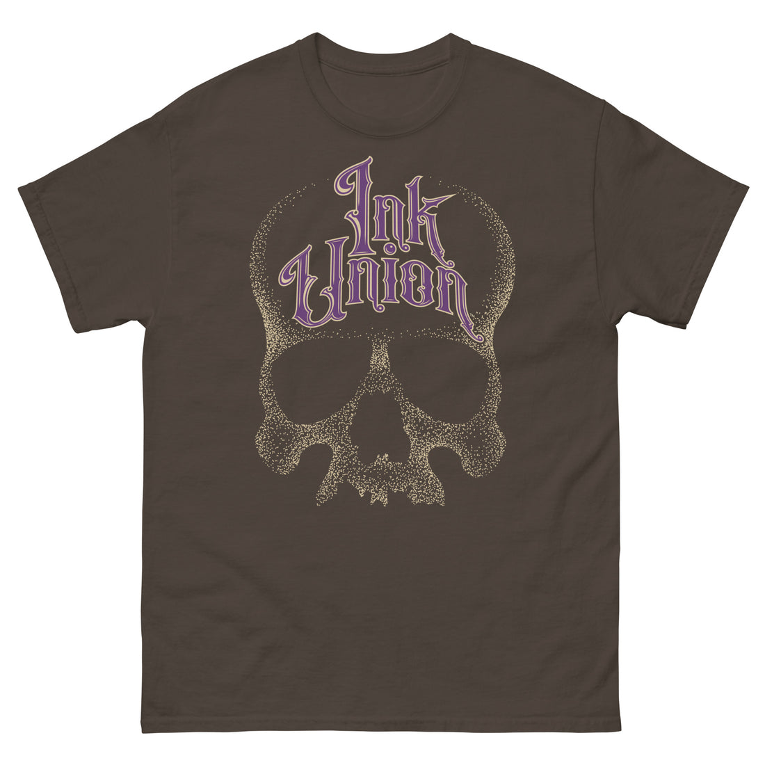 A dark chocolate t-shirt adorned with a gold dot work human skull  and the words Ink Union in fancy gold and purple lettering across the forehead of the skull.