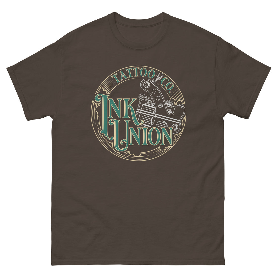 A brown t-shirt adorned with the Ink Union Tattoo Co. green and gold with a silver tattoo machine logo.