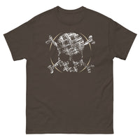 A brown t-shirt adorned with a roughly cross-hatched skull and crossbones in white.  Solid gold arcs give the image the impression of movement towards the end of the crossbones.