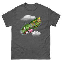 A dark grey t-shirt with a military green neo-traditional bomb tattoo design. The bomb is falling with a look of determination in its eyes, an evil toothy grin, and its tongue hanging out of its mouth. Flames are coming from the back of the bomb, and some clouds are in the background.