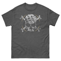 A dark grey t-shirt adorned with a roughly cross-hatched skull and crossbones in white.  Solid gold arcs give the image the impression of movement towards the end of the crossbones.