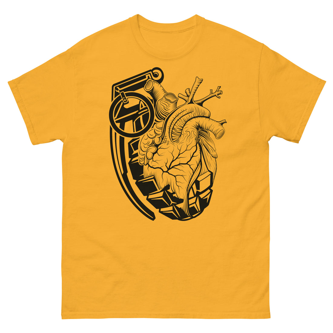 A golden yellow t-shirt with a black grenade of sold color and line work morphing into an anatomical heart drawn using line work and hatching for shading at the top right of the image.