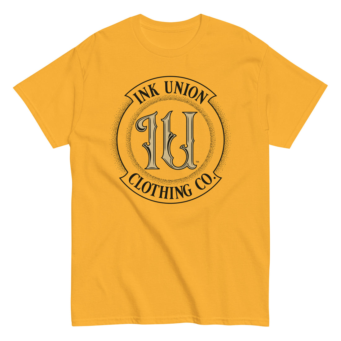 A yellow t-shirt with the Ink Union Clothing Co Badge logo in black and gold centered on the front of the shirt.