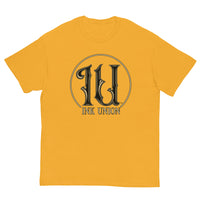 Ink Union Clothing Co. yellow t-shirt featuring the Ink Union ring logo in black and gold.