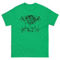 A green t-shirt adorned with a roughly cross-hatched skull and crossbones in black.  Solid black arcs give the image the impression of movement towards the end of the crossbones.