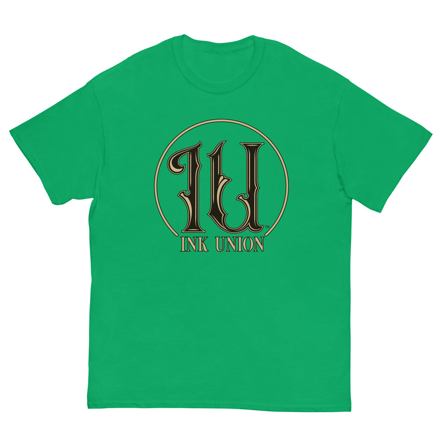 Ink Union Clothing Co. green t-shirt featuring the Ink Union ring logo in black and gold.