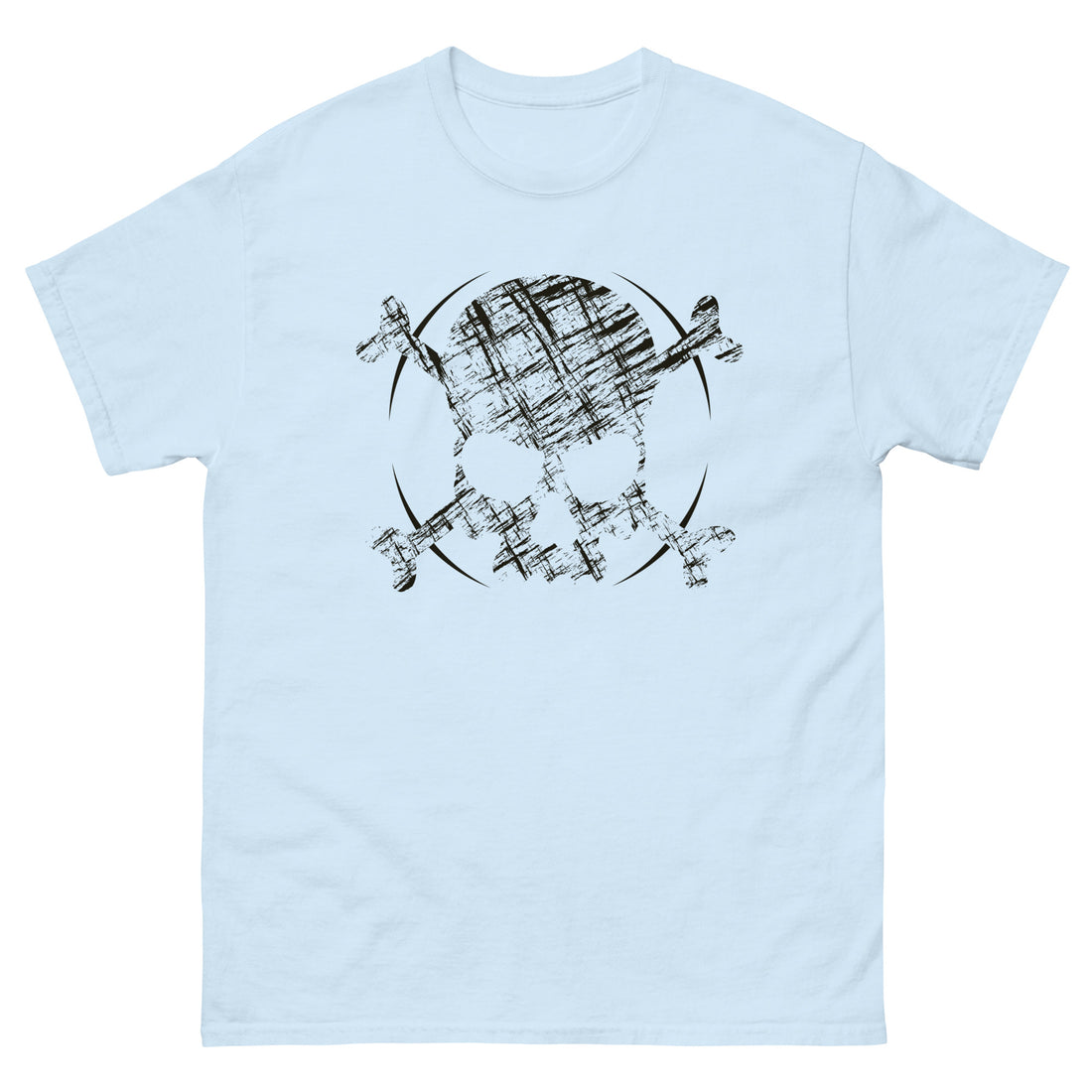 A light blue t-shirt adorned with a roughly cross-hatched skull and crossbones in black.  Solid black arcs give the image the impression of movement towards the end of the crossbones.