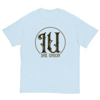 Ink Union Clothing Co. light blue t-shirt featuring the Ink Union ring logo in black and gold.