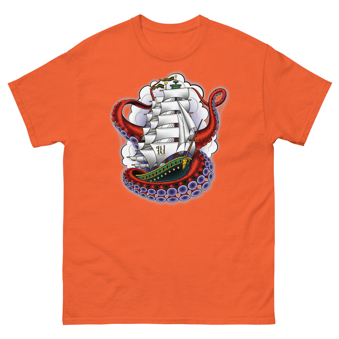 An orange t-shirt with an old-school clipper ship tattoo design in green and brown with white sails surrounded by octopus tentacles in shades of red with purple tentacles. Behind the ship are purple-tinged clouds.