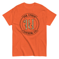 An orange t-shirt with the Ink Union Clothing Co Badge logo in black and gold centered on the front of the shirt.