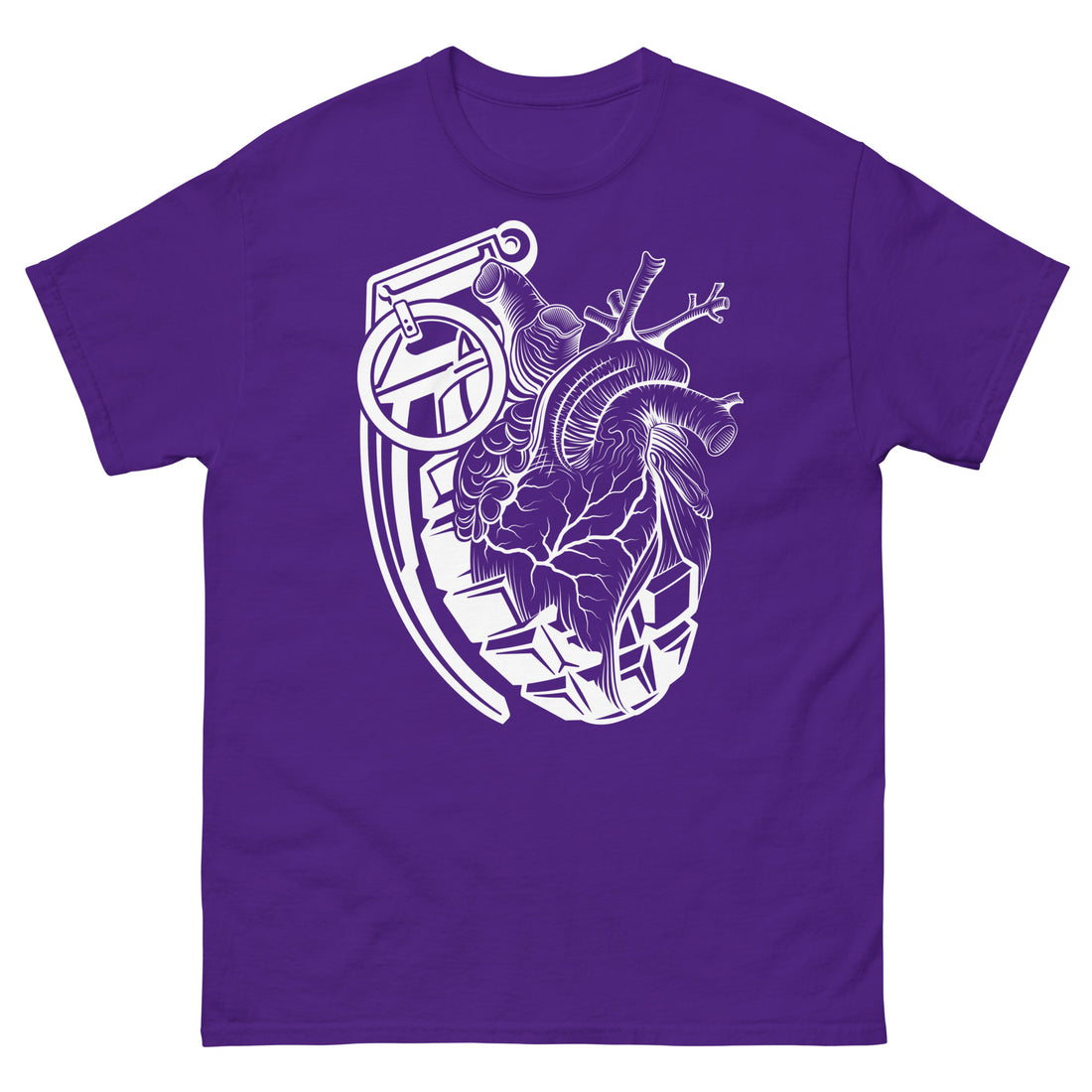 A purple  t-shirt with a white grenade of sold color and line work morphing into an anatomical heart drawn using line work for shading at the top right of the image.