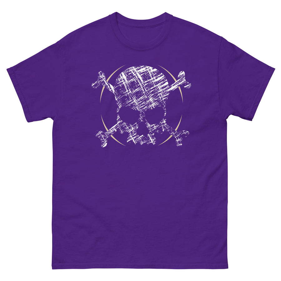 A purple t-shirt adorned with a roughly cross-hatched skull and crossbones in white.  Solid gold arcs give the image the impression of movement towards the end of the crossbones.
