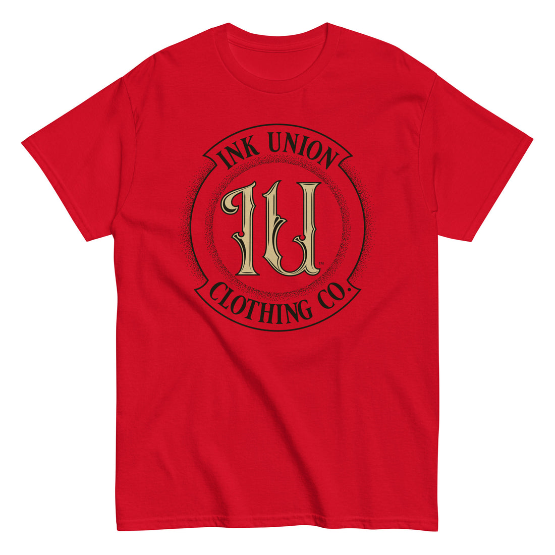 A  red t-shirt with the Ink Union Clothing Co Badge logo in black and gold centered on the front of the shirt.