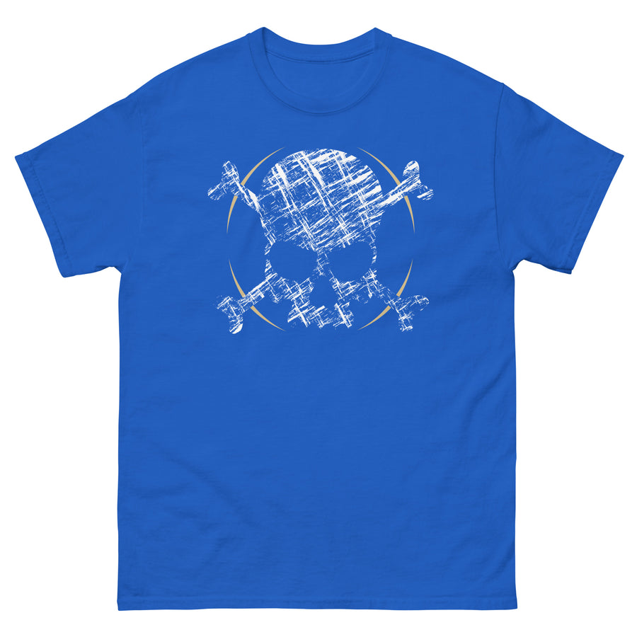 A blue t-shirt adorned with a roughly cross-hatched skull and crossbones in white.  Solid gold arcs give the image the impression of movement towards the end of the crossbones.