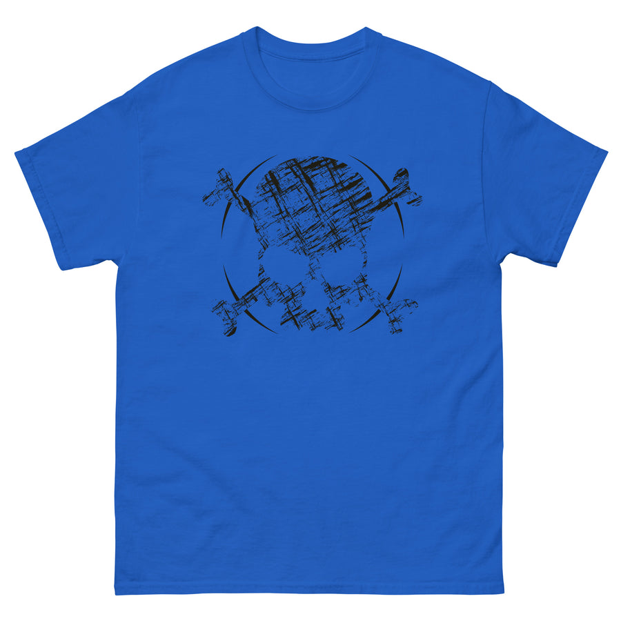 A royal blue t-shirt adorned with a roughly cross-hatched skull and crossbones in black.  Solid black arcs give the image the impression of movement towards the end of the crossbones.