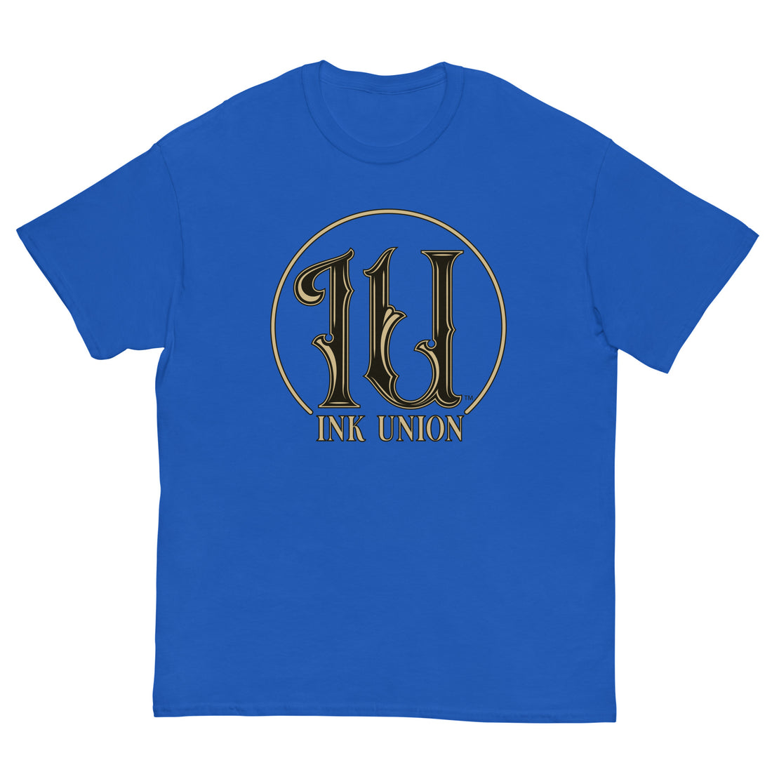 Ink Union Clothing Co. royal blue t-shirt featuring the Ink Union ring logo in black and gold.