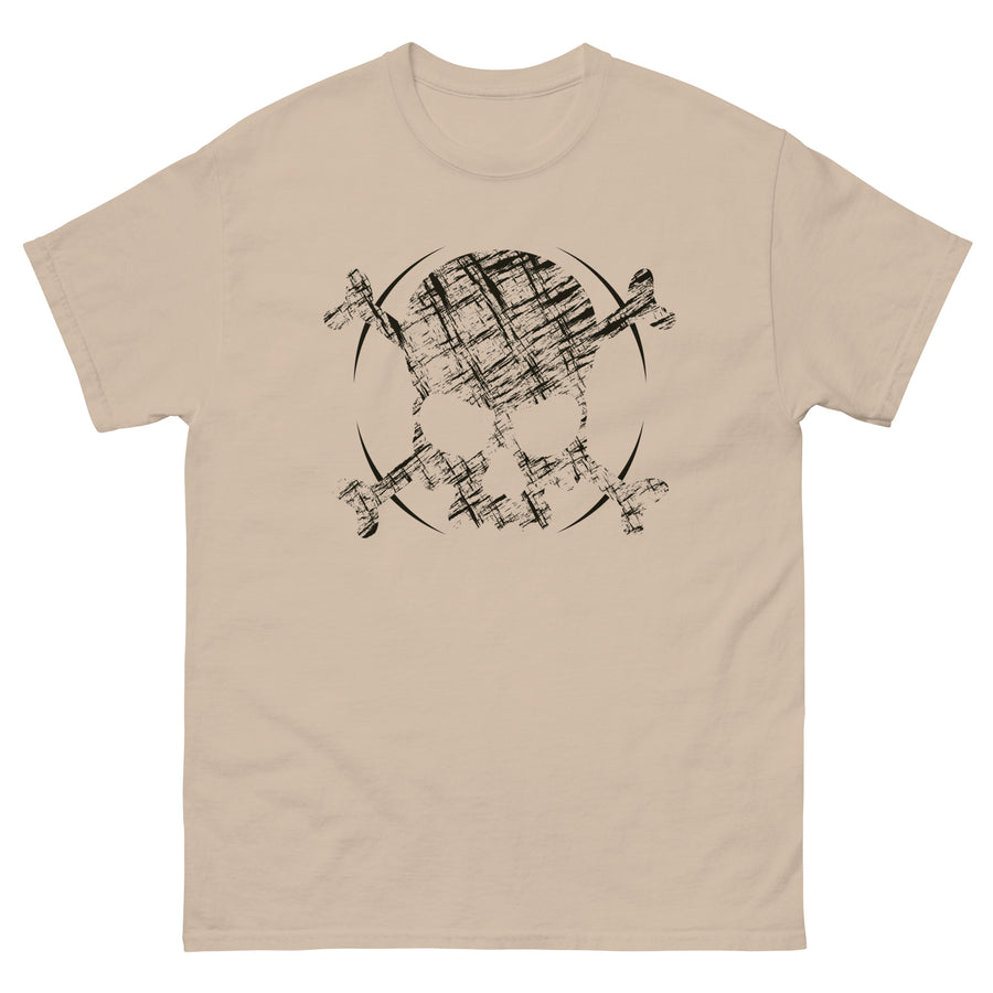 A sand t-shirt adorned with a roughly cross-hatched skull and crossbones in black.  Solid black arcs give the image the impression of movement towards the end of the crossbones.