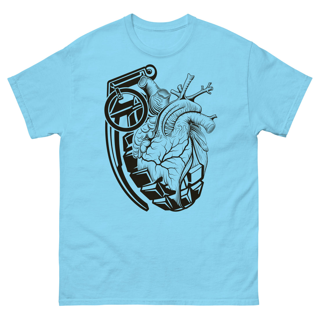A sky blue t-shirt with a black grenade of sold color and line work morphing into an anatomical heart drawn using line work and hatching for shading at the top right of the image.