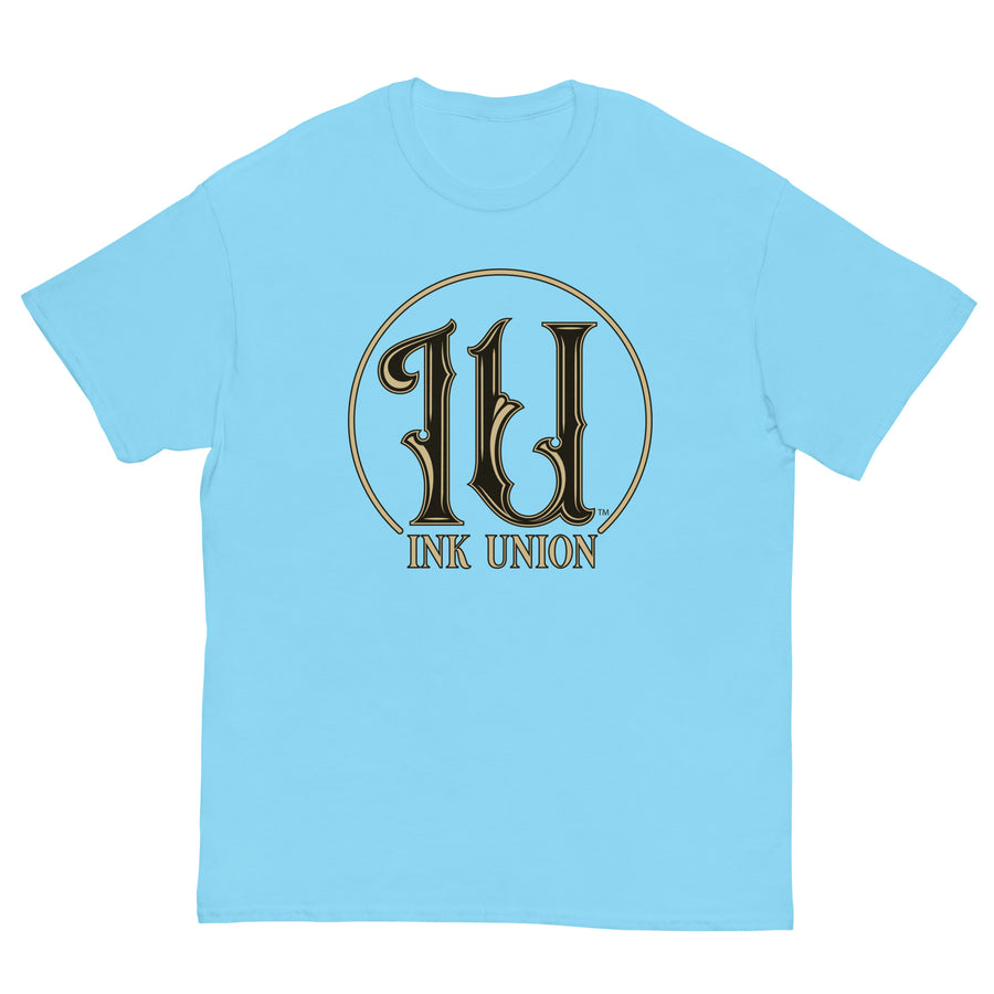 Ink Union Clothing Co. sky blue t-shirt featuring the Ink Union ring logo in black and gold.