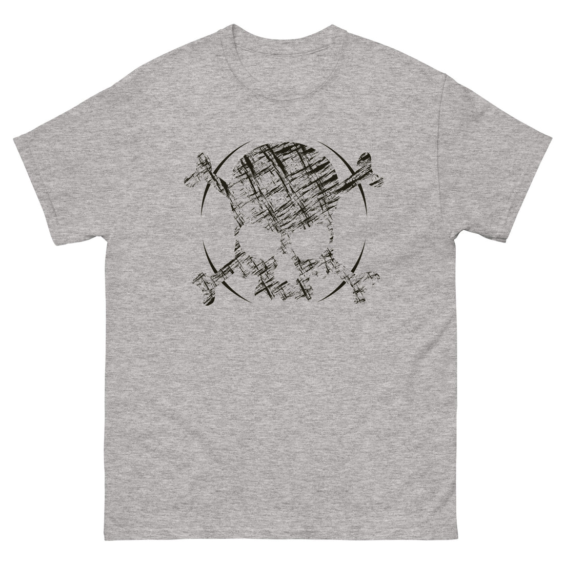 A light grey t-shirt adorned with a roughly cross-hatched skull and crossbones in black.  Solid black arcs give the image the impression of movement towards the end of the crossbones.
