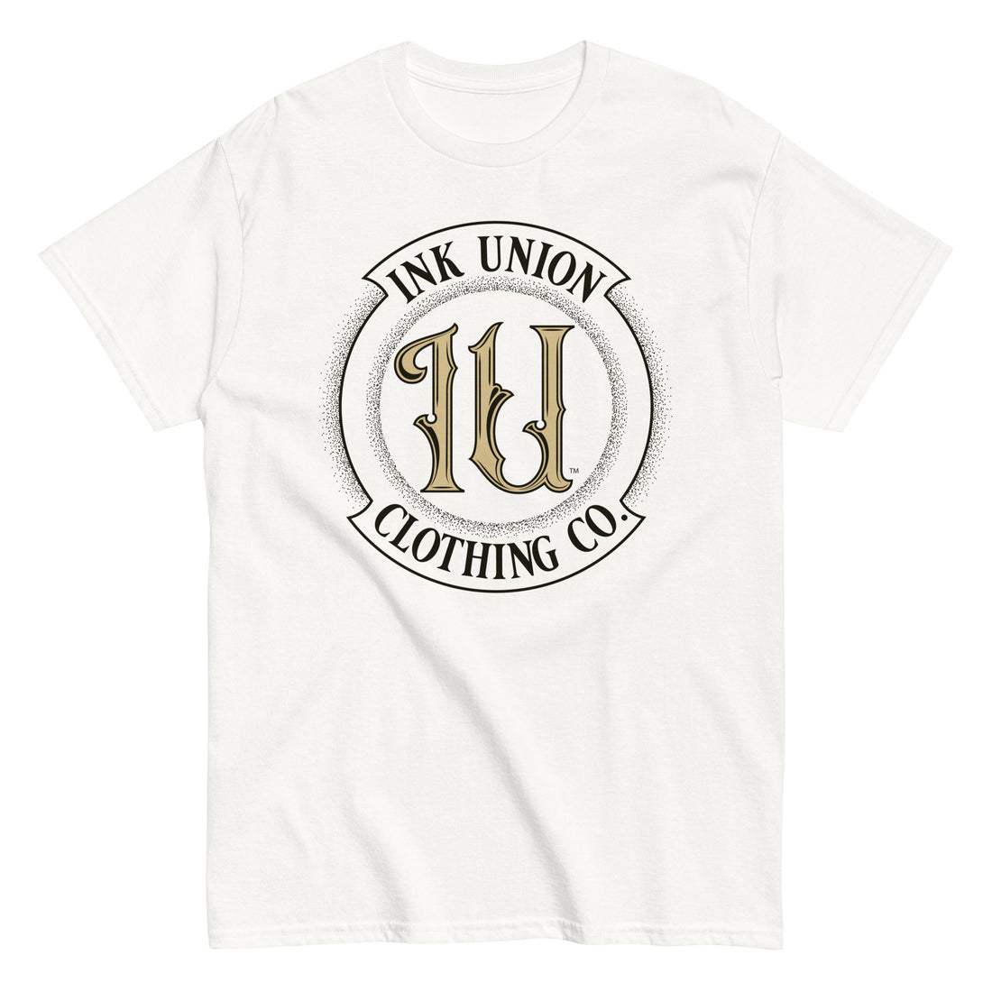 A white t-shirt with the Ink Union Clothing Co Badge logo in black and gold centered on the front of the shirt.