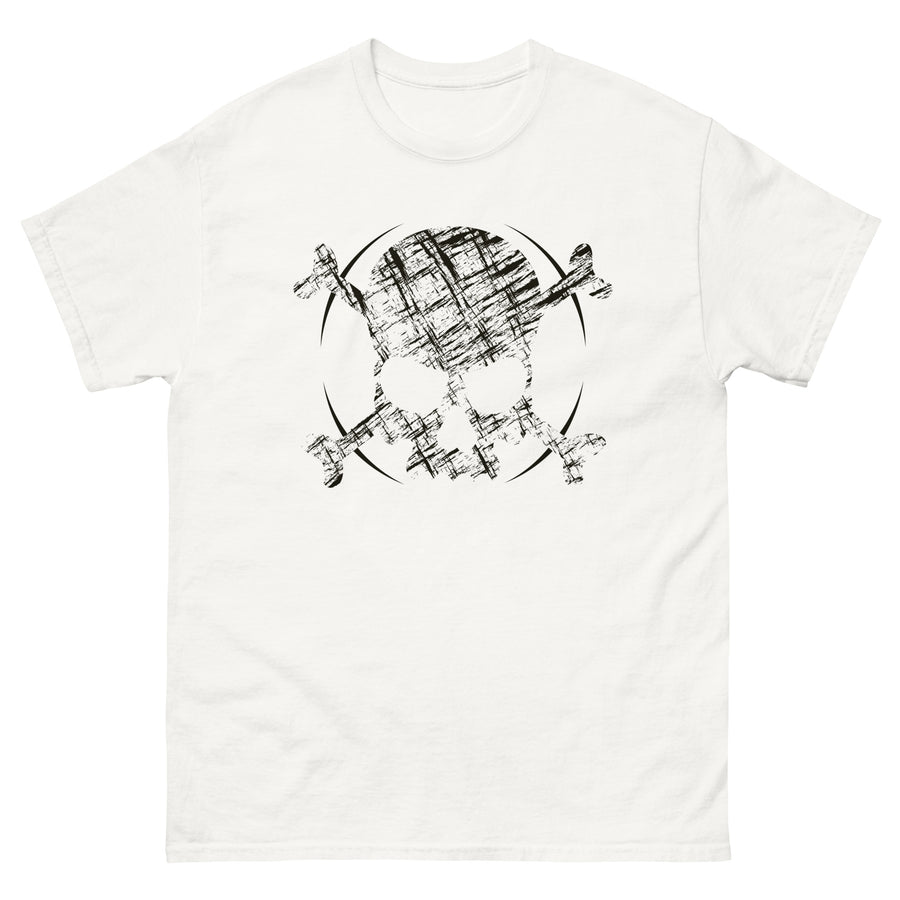 A white t-shirt adorned with a roughly cross-hatched skull and crossbones in black.  Solid black arcs give the image the impression of movement towards the end of the crossbones.
