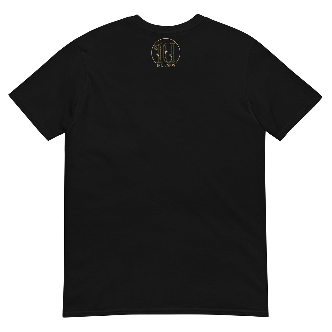 The back of a black t-shirt with the ink union clothing co. gold badge logo at three inches big positioned just below the collar