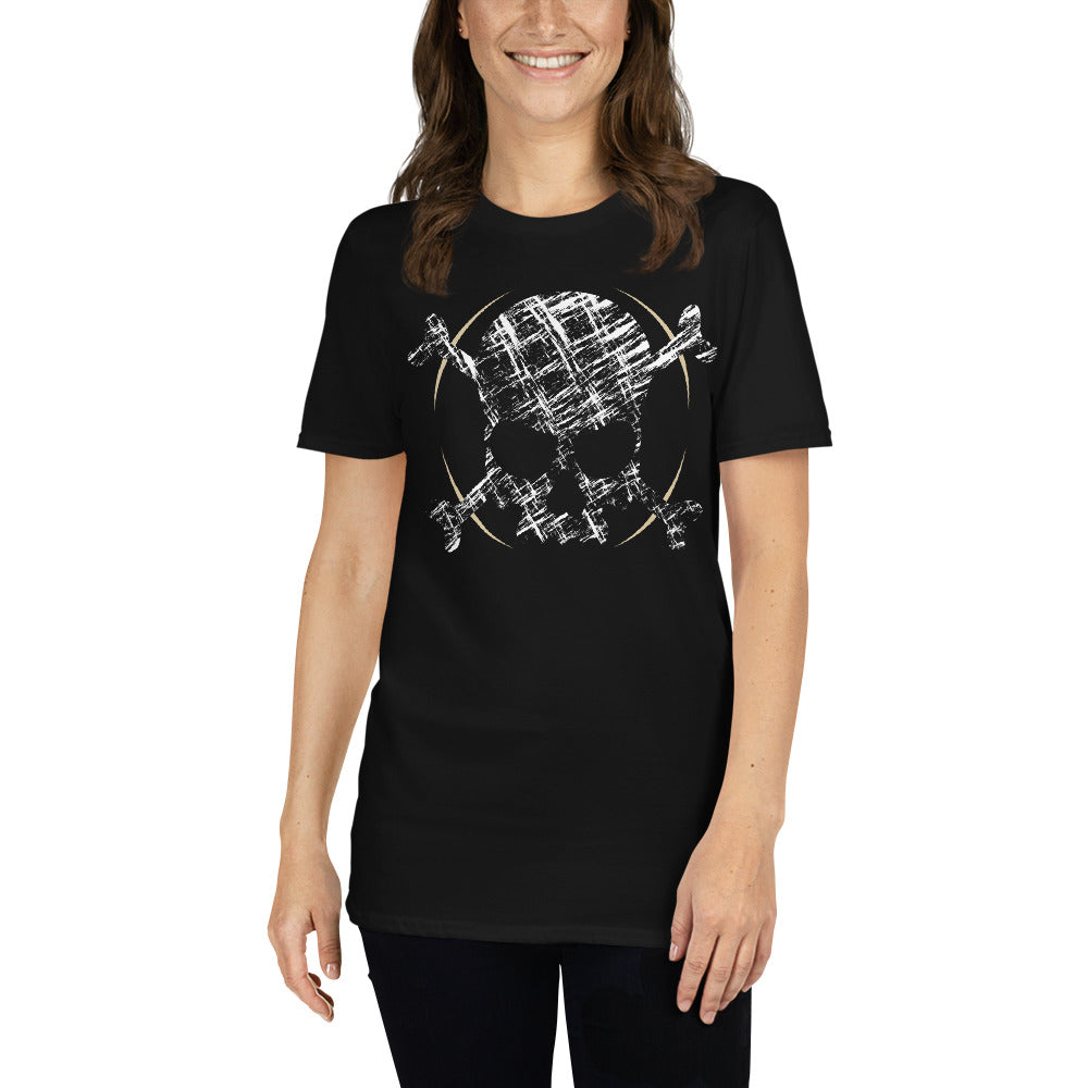 An attractive woman wearing a black t-shirt adorned with a roughly cross-hatched skull and crossbones in white.  Solid gold arcs give the image the impression of movement towards the end of the crossbones.