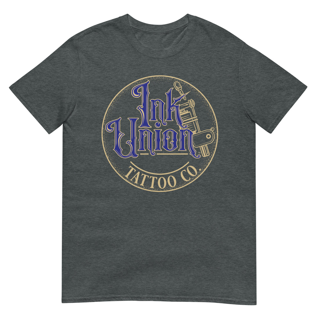 A dark grey t-shirt with a gold circle containing fancy lettering in blue and gold that says Ink Union and a gold tattoo machine peeking out from behind on the right side. There is a dot work gradient inside the circle, and the words Tattoo Co. in gold are at the bottom of the design.