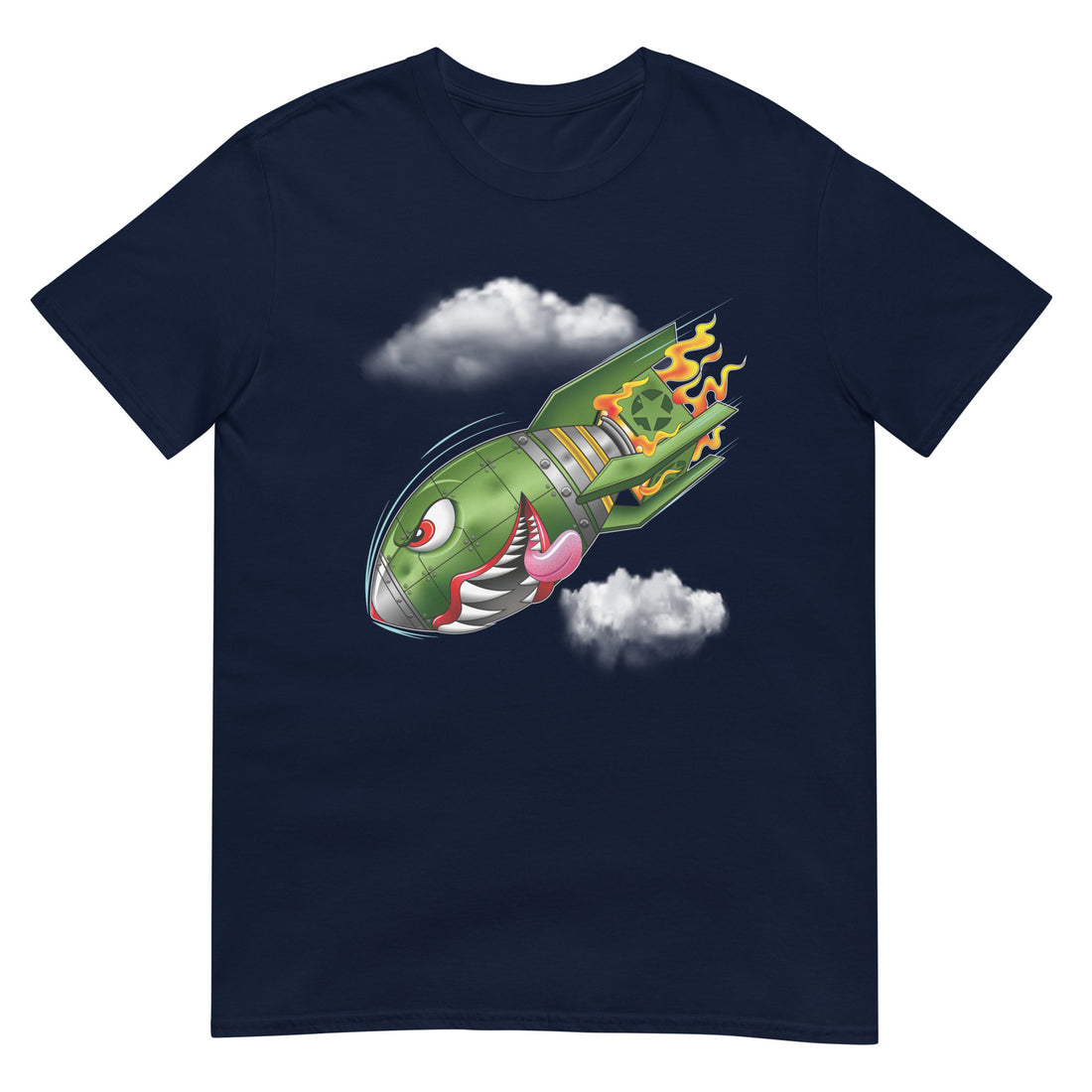 A navy blue t-shirt with a military green neo-traditional bomb tattoo design. The bomb is falling with a look of determination in its eyes, an evil toothy grin, and its tongue hanging out of its mouth. Flames are coming from the back of the bomb, and some clouds are in the background.