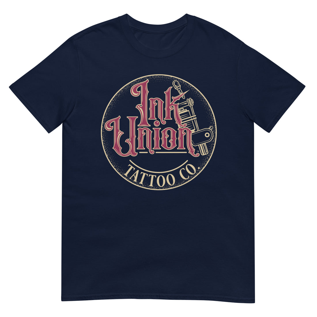 A navy blue t-shirt with a gold circle containing fancy lettering in red and gold that says Ink Union and a gold tattoo machine peeking out from behind on the right side.  There is a dot work gradient inside the circle, and the words Tattoo Co. in gold are at the bottom of the design.
